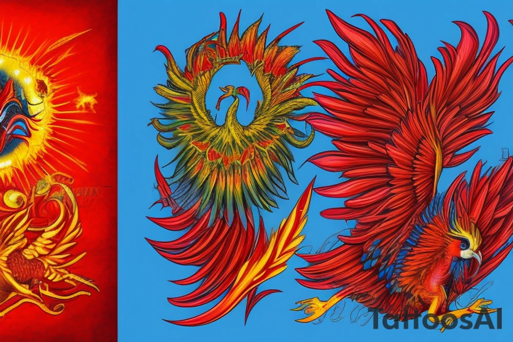 Sun in red frame and big phoenix, view from the neck, with two great wings made of fire and tale of flames and peacock feathers. 
All in shades of red, violet and yellow and contrast inner part of the feathers in green and blue tattoo idea