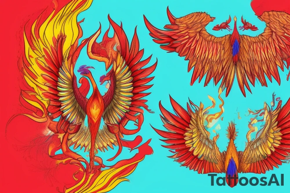 Sun in red frame and big phoenix, view from the neck, with two great wings made of fire and tale of flames and peacock feathers. 
All in shades of red, violet and yellow and contrast inner part of the feathers in green and blue tattoo idea