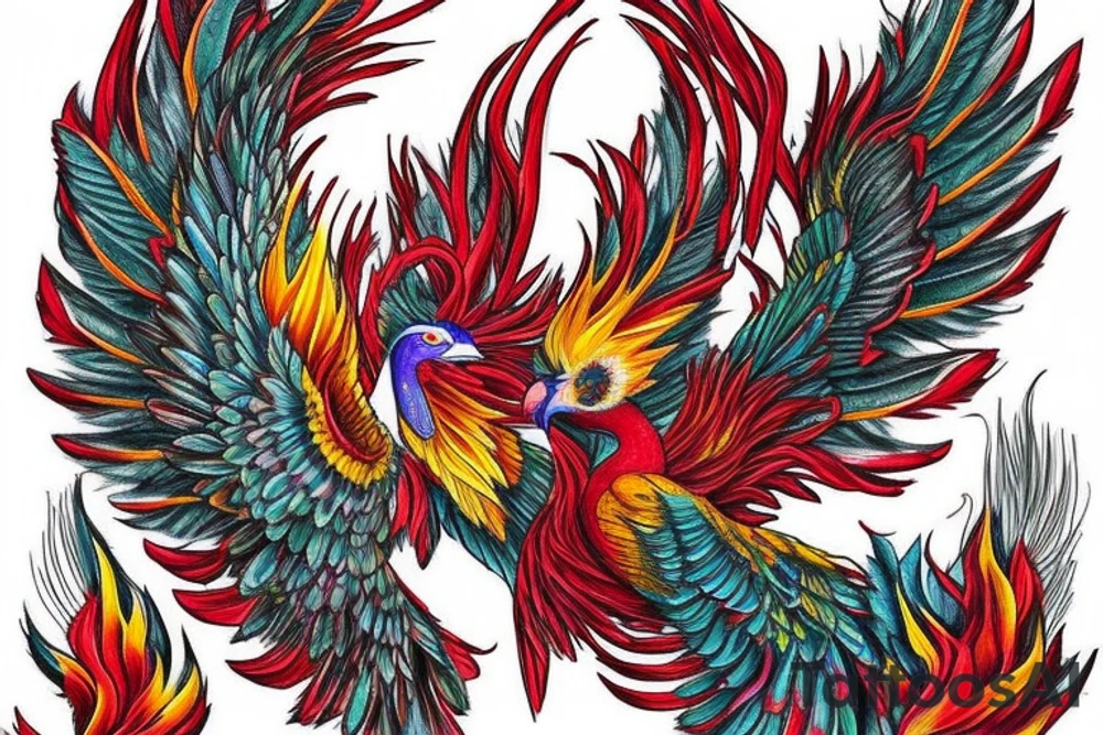Sun in red frame and big phoenix, view from the neck, with two great wings made of fire and tale of flames and peacock feathers. 
All in shades of red, violet and yellow and contrast inner part of the feathers in green and blue tattoo idea