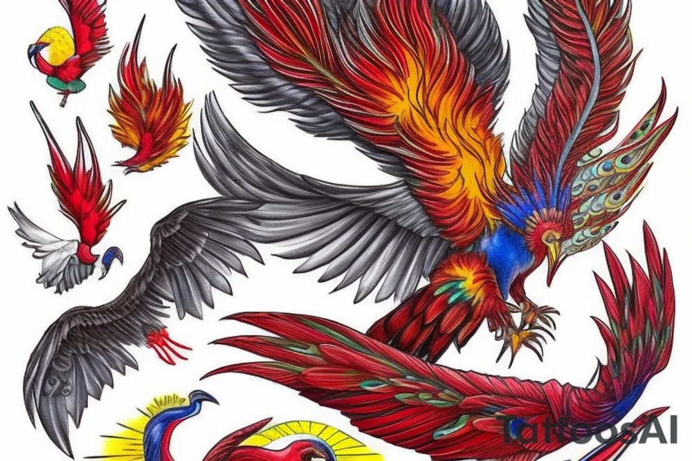 Sun in red frame and big phoenix, view from the neck, with two great wings made of fire and tale of flames and peacock feathers. 
All in shades of red, violet and yellow and contrast inner part of the feathers in green and blue tattoo idea