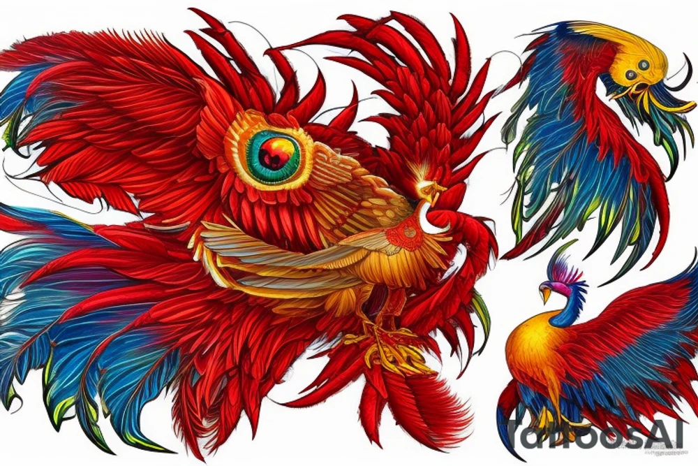 Sun in red frame and big phoenix, view from the neck, with two great wings made of fire and tale of flames and peacock feathers. 
All in shades of red, violet and yellow and contrast inner part of the feathers in green and blue tattoo idea