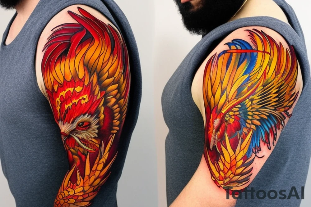 Sun in red frame and big phoenix, view from the neck, with two great wings made of fire and tale of flames and peacock feathers. 
All in shades of red, violet and yellow and contrast inner part of the feathers in green and blue tattoo idea