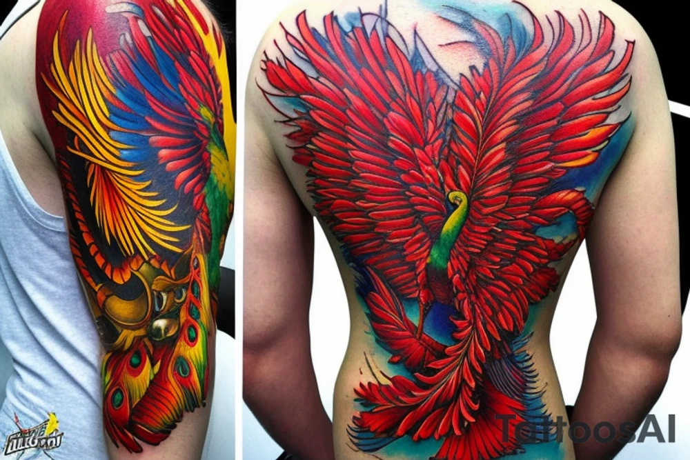 Sun in red frame and big phoenix, view from the neck, with two great wings made of fire and tale of flames and peacock feathers. 
All in shades of red, violet and yellow and contrast inner part of the feathers in green and blue tattoo idea