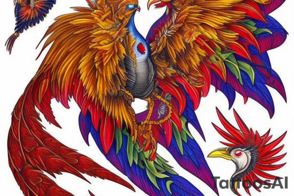 Sun in red frame and big phoenix, view from the neck, with two great wings made of fire and tale of flames and peacock feathers. 
All in shades of red, violet and yellow and contrast inner part of the feathers in green and blue tattoo idea
