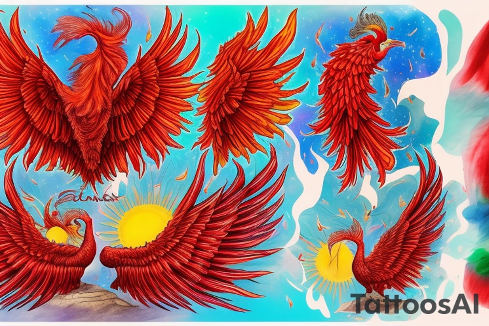 Sun in red frame and big phoenix, view from the neck, with two great wings made of fire and tale of flames and peacock feathers. 
All in shades of red, violet and yellow and contrast inner part of the feathers in green and blue tattoo idea