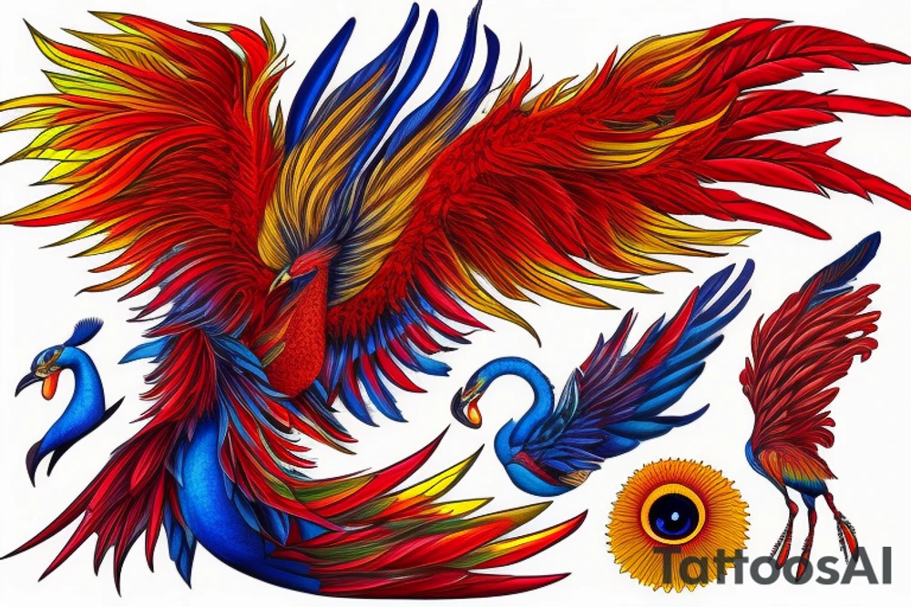 Sun in red frame and big phoenix, view from the neck, with two great wings made of fire and tale of flames and peacock feathers. 
All in shades of red, violet and yellow and contrast inner part of the feathers in green and blue tattoo idea