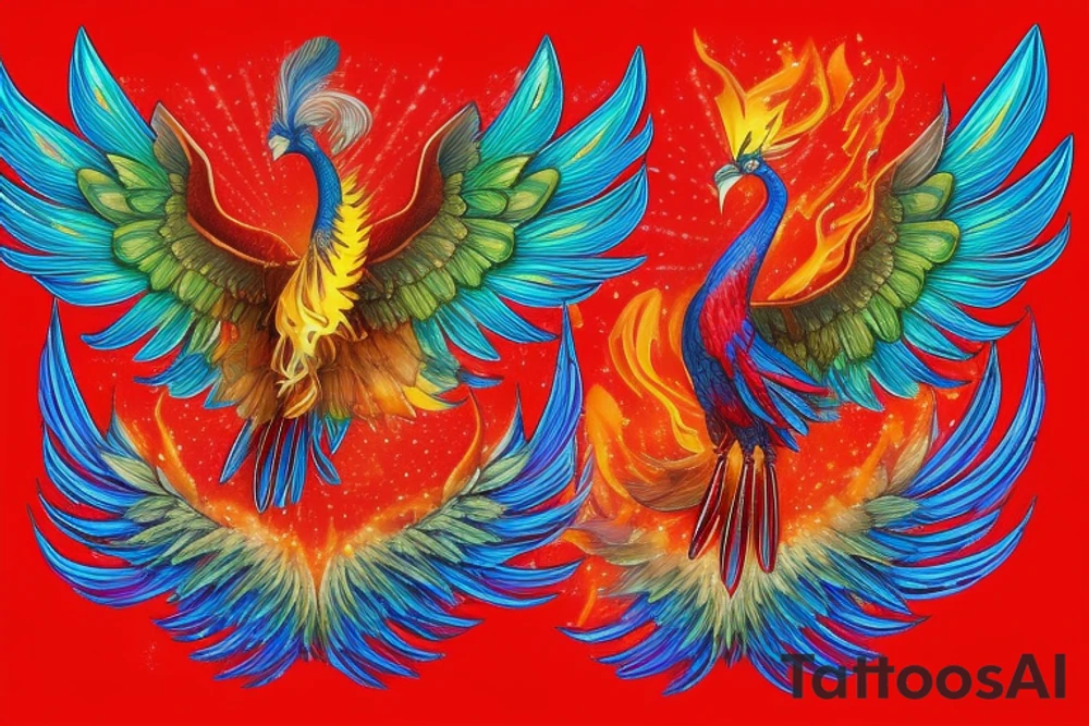 Sun in red frame and big phoenix, view from the neck, with two great wings made of fire and tale of flames and peacock feathers. 
All in shades of red, violet and yellow and contrast inner part of the feathers in green and blue tattoo idea