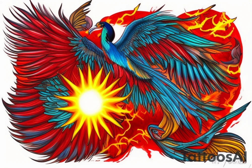 Sun in red frame and big phoenix, view from the neck, with two great wings made of fire and tale of flames and peacock feathers. 
All in shades of red, violet and yellow and contrast inner part of the feathers in green and blue tattoo idea