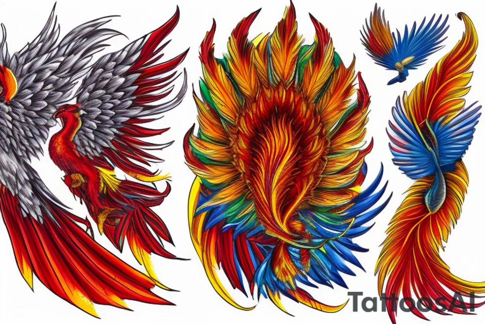 Sun in red frame and big phoenix, view from the neck, with two great wings made of fire and tale of flames and peacock feathers. 
All in shades of red, violet and yellow and contrast inner part of the feathers in green and blue tattoo idea