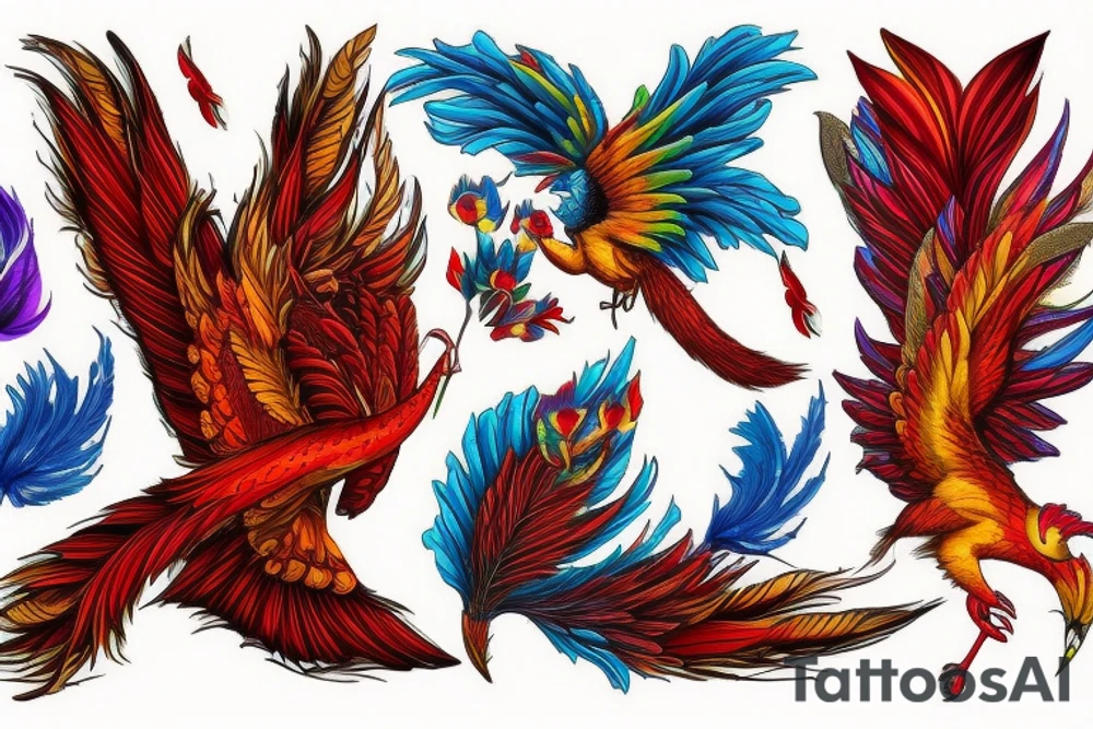 Sun in red frame and big phoenix, view from the neck, with two great wings made of fire and tale of flames and peacock feathers. 
All in shades of red, violet and yellow and contrast inner part of the feathers in green and blue tattoo idea