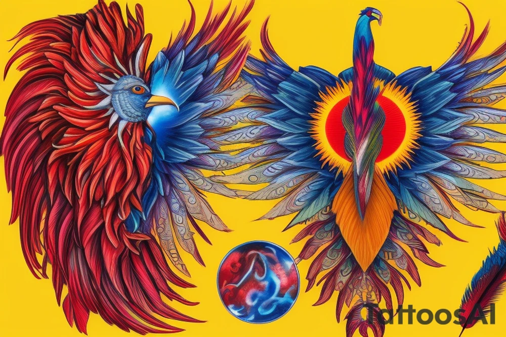 Sun in red frame and big phoenix, view from the neck, with two great wings made of fire and tale of flames and peacock feathers. 
All in shades of red, violet and yellow and contrast inner part of the feathers in green and blue tattoo idea