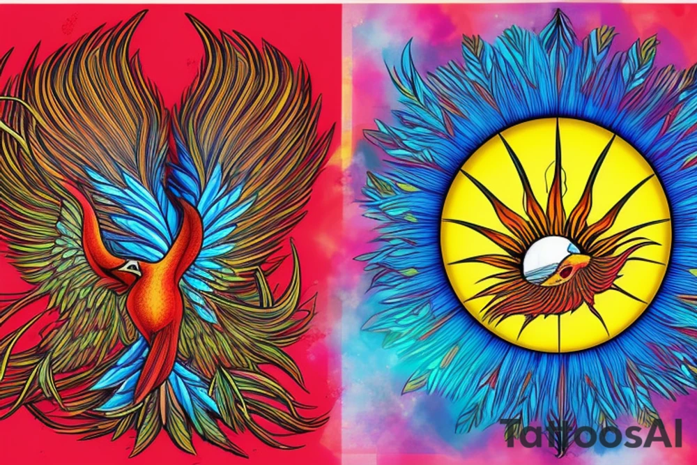 Sun in red frame and big phoenix, view from the neck, with two great wings made of fire and tale of flames and peacock feathers. 
All in shades of red, violet and yellow and contrast inner part of the feathers in green and blue tattoo idea