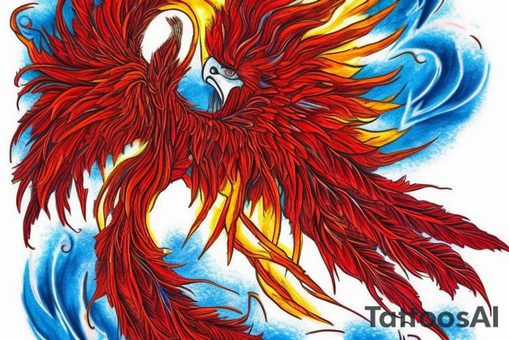 Sun in red frame and big phoenix, view from the neck, with two great wings made of fire and tale of flames and peacock feathers. 
All in shades of red, violet and yellow and contrast inner part of the feathers in green and blue tattoo idea
