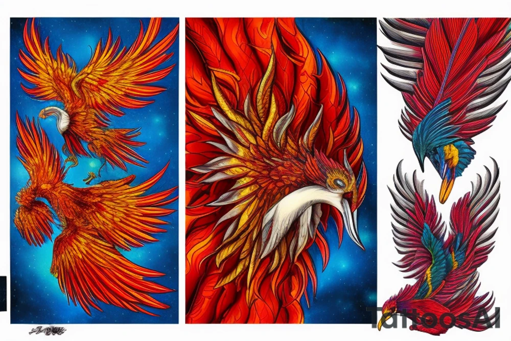 Sun in red frame and big phoenix, view from the neck, with two great wings made of fire and tale of flames and peacock feathers. 
All in shades of red, violet and yellow and contrast inner part of the feathers in green and blue tattoo idea