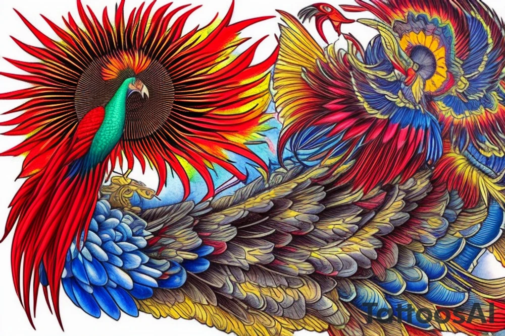 Sun in red frame and big phoenix, view from the neck, with two great wings made of fire and tale of flames and peacock feathers. 
All in shades of red, violet and yellow and contrast inner part of the feathers in green and blue tattoo idea