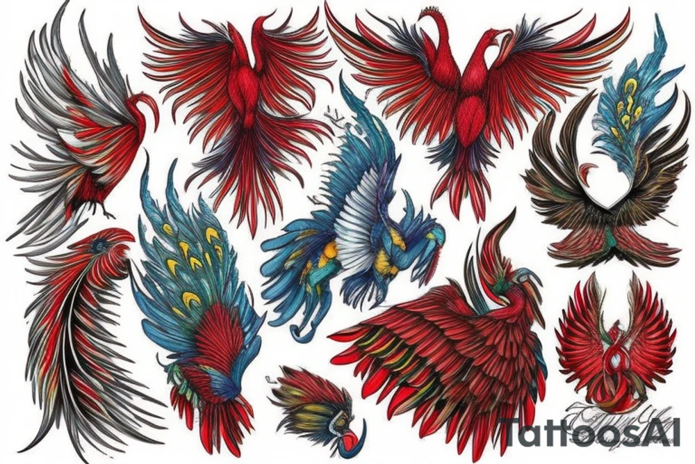 Sun in red frame and big phoenix, view from the neck, with two great wings made of fire and tale of flames and peacock feathers. 
All in shades of red, violet and yellow and contrast inner part of the feathers in green and blue tattoo idea
