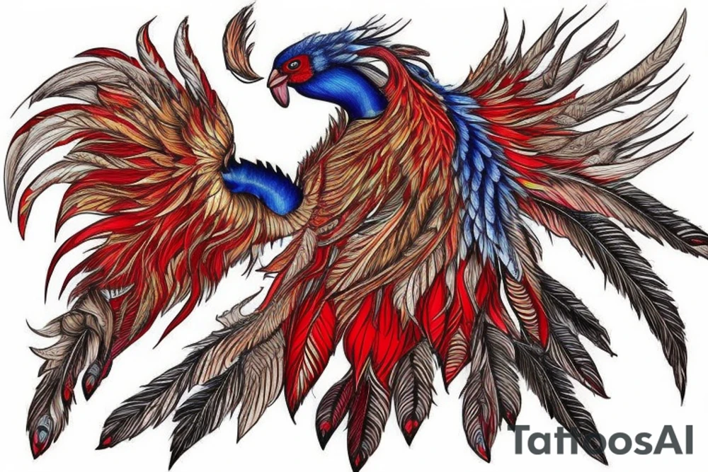Sun in red frame and big phoenix, view from the neck, with two great wings made of fire and tale of flames and peacock feathers. 
All in shades of red, violet and yellow and contrast inner part of the feathers in green and blue tattoo idea