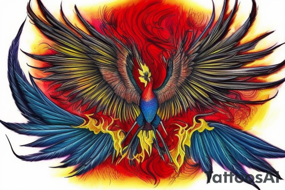 Sun in red frame and big phoenix, view from the neck, with two great wings made of fire and tale of flames and peacock feathers. 
All in shades of red, violet and yellow and contrast inner part of the feathers in green and blue tattoo idea