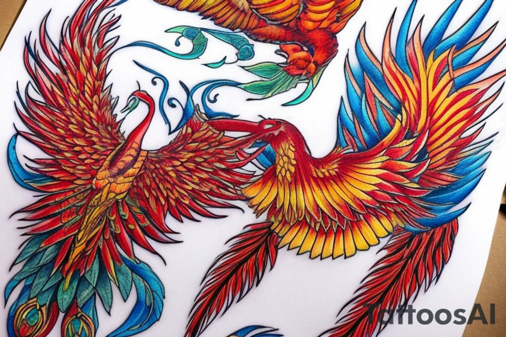 Sun in red frame and big phoenix, view from the neck, with two great wings made of fire and tale of flames and peacock feathers. 
All in shades of red, violet and yellow and contrast inner part of the feathers in green and blue tattoo idea