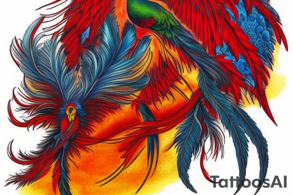 Sun in red frame and big phoenix, view from the neck, with two great wings made of fire and tale of flames and peacock feathers. 
All in shades of red, violet and yellow and contrast inner part of the feathers in green and blue tattoo idea