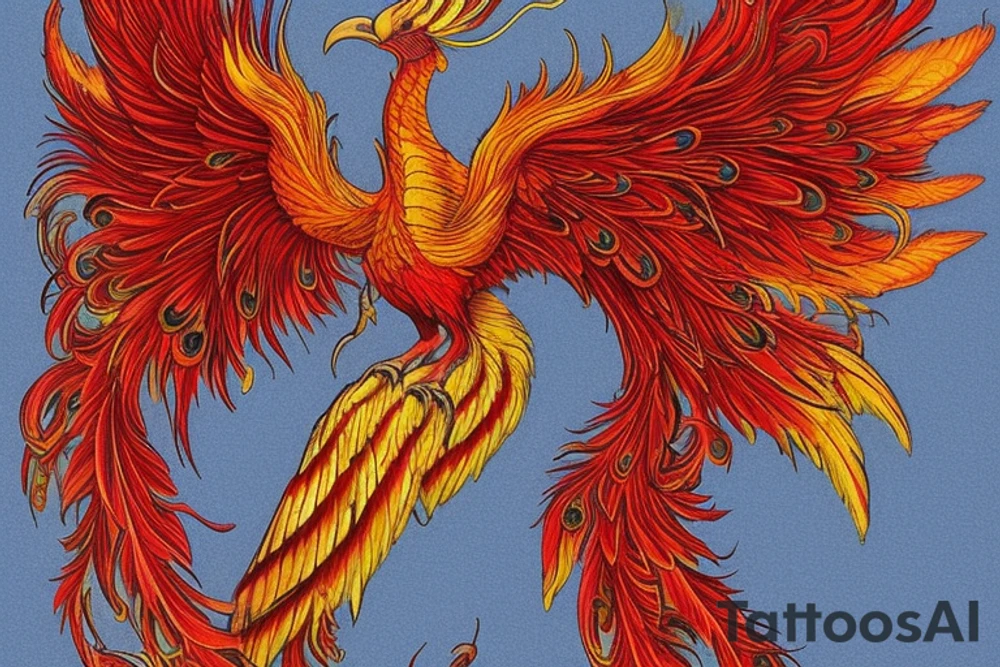 Sun in red frame and big phoenix, view from the neck, with two great wings made of fire and tale of flames and peacock feathers. Forms are aristocratic and elegant with fleaur of Russian tales 
All in shades of red, violet and yellow and contrast inner part of the feathers in green and blue tattoo idea