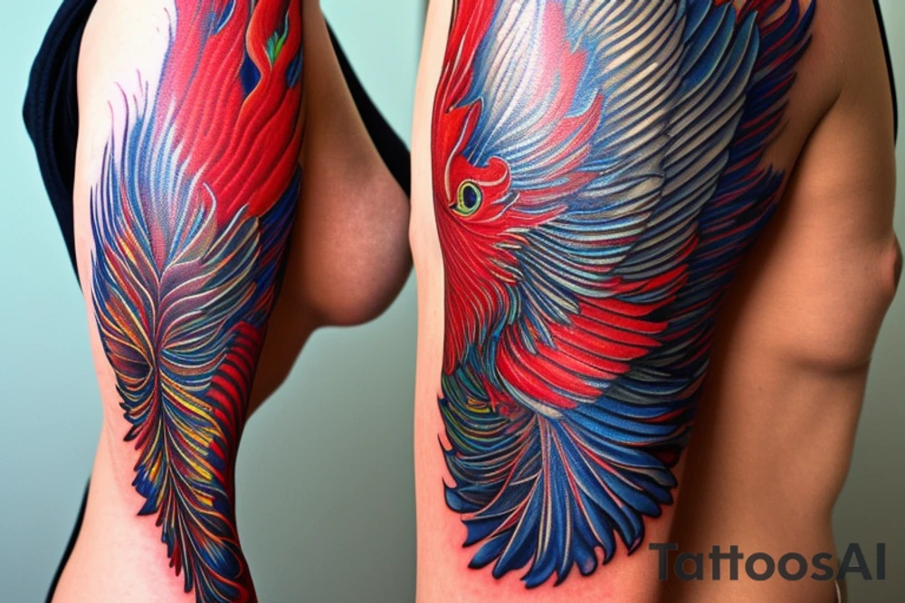 Sun in red frame and big phoenix, view from the neck, with two great wings made of fire and tale of flames and peacock feathers. Forms are aristocratic and elegant with fleaur of Russian tales 
All in shades of red, violet and yellow and contrast inner part of the feathers in green and blue tattoo idea