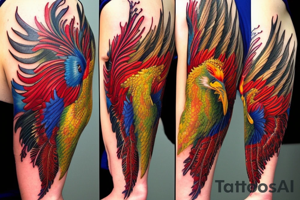 Sun in red frame and big phoenix, view from the neck, with two great wings made of fire and tale of flames and peacock feathers. Forms are aristocratic and elegant with fleaur of Russian tales 
All in shades of red, violet and yellow and contrast inner part of the feathers in green and blue tattoo idea