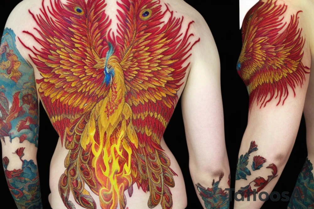 Sun in red frame and big phoenix, view from the neck, with two great wings made of fire and tale of flames and peacock feathers. Forms are aristocratic and elegant with fleaur of Russian tales 
All in shades of red, violet and yellow and contrast inner part of the feathers in green and blue tattoo idea