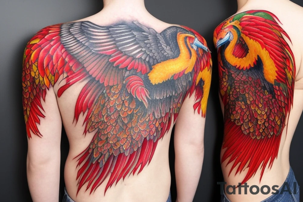 Sun in red frame and big phoenix, view from the neck, with two great wings made of fire and tale of flames and peacock feathers. Forms are aristocratic and elegant with fleaur of Russian tales 
All in shades of red, violet and yellow and contrast inner part of the feathers in green and blue tattoo idea