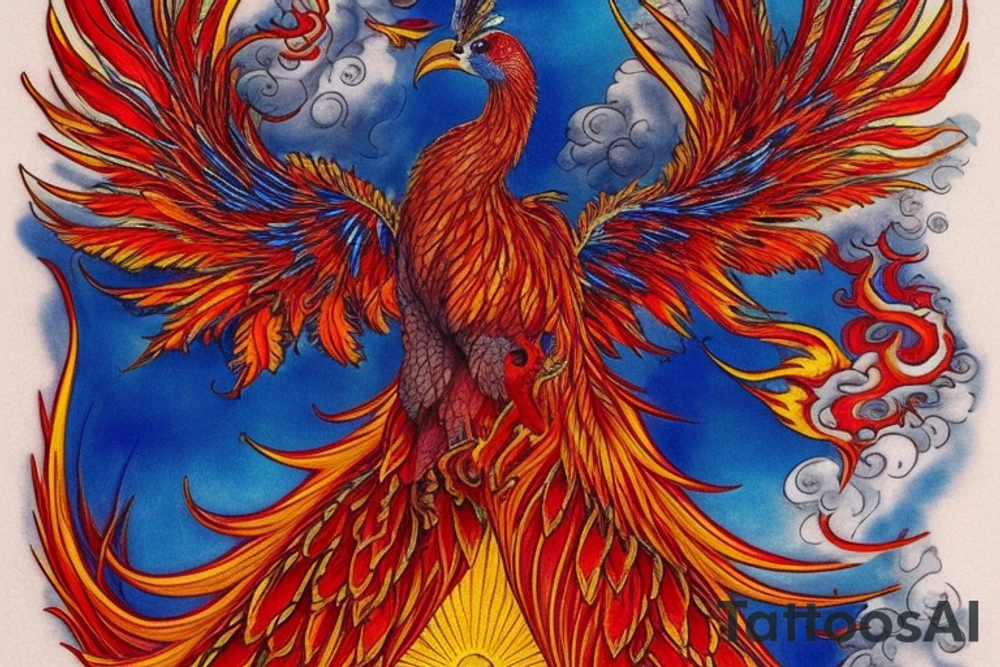 Sun in red frame and big phoenix, view from the neck, with two great wings made of fire and tale of flames and peacock feathers. Forms are aristocratic and elegant with fleaur of Russian tales 
All in shades of red, violet and yellow and contrast inner part of the feathers in green and blue tattoo idea