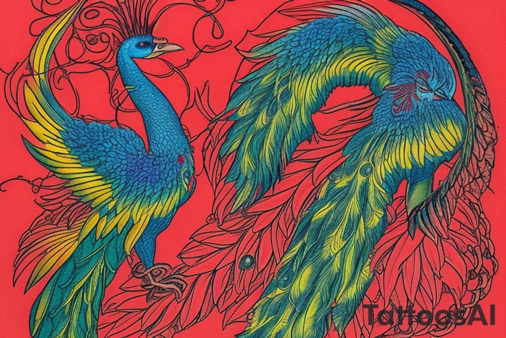 Sun in red frame and big phoenix, view from the neck, with two great wings made of fire and tale of flames and peacock feathers. Forms are aristocratic and elegant with fleaur of Russian tales 
All in shades of red, violet and yellow and contrast inner part of the feathers in green and blue tattoo idea