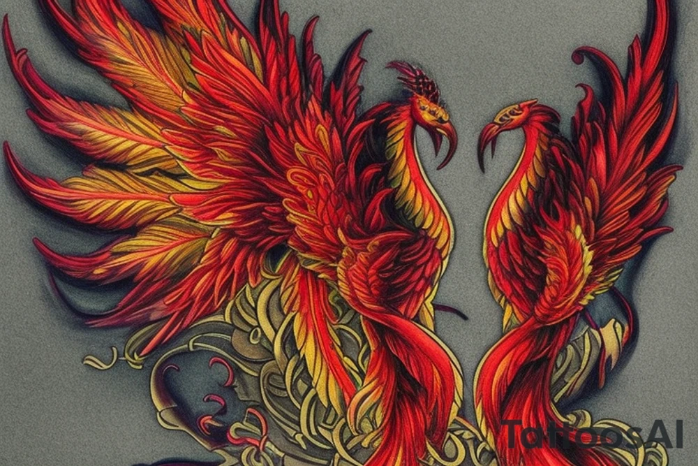 Sun in red frame and big phoenix, view from the neck, with two great wings made of fire and tale of flames and peacock feathers. Forms are aristocratic and elegant with fleaur of Russian tales 
All in shades of red, violet and yellow and contrast inner part of the feathers in green and blue tattoo idea