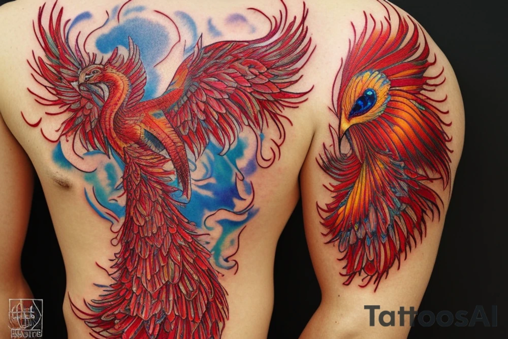Sun in red frame and big phoenix, view from the neck, with two great wings made of fire and tale of flames and peacock feathers. Forms are aristocratic and elegant with fleaur of Russian tales 
All in shades of red, violet and yellow and contrast inner part of the feathers in green and blue tattoo idea