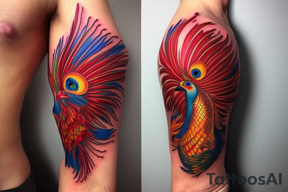 Sun in red frame and big phoenix, view from the neck, with two great wings made of fire and tale of flames and peacock feathers. Forms are aristocratic and elegant with fleaur of Russian tales 
All in shades of red, violet and yellow and contrast inner part of the feathers in green and blue tattoo idea