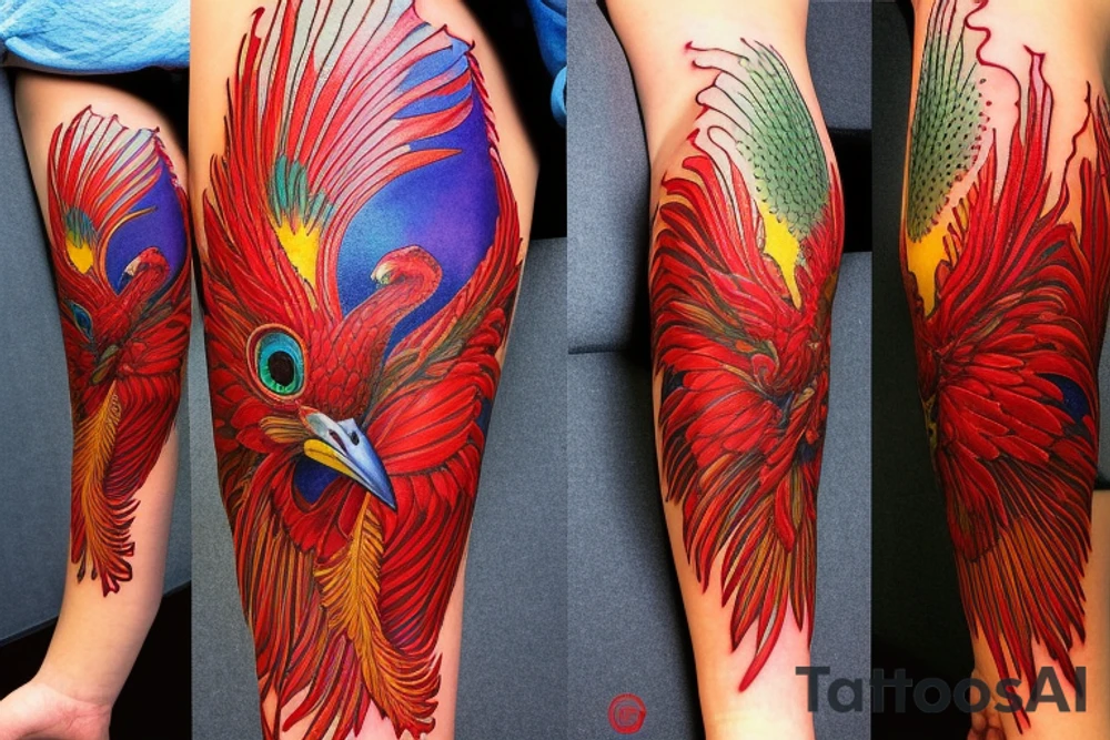 Sun in red frame and big phoenix, view from the neck, with two great wings made of fire and tale of flames and peacock feathers. Forms are aristocratic and elegant with fleaur of Russian tales 
All in shades of red, violet and yellow and contrast inner part of the feathers in green and blue tattoo idea
