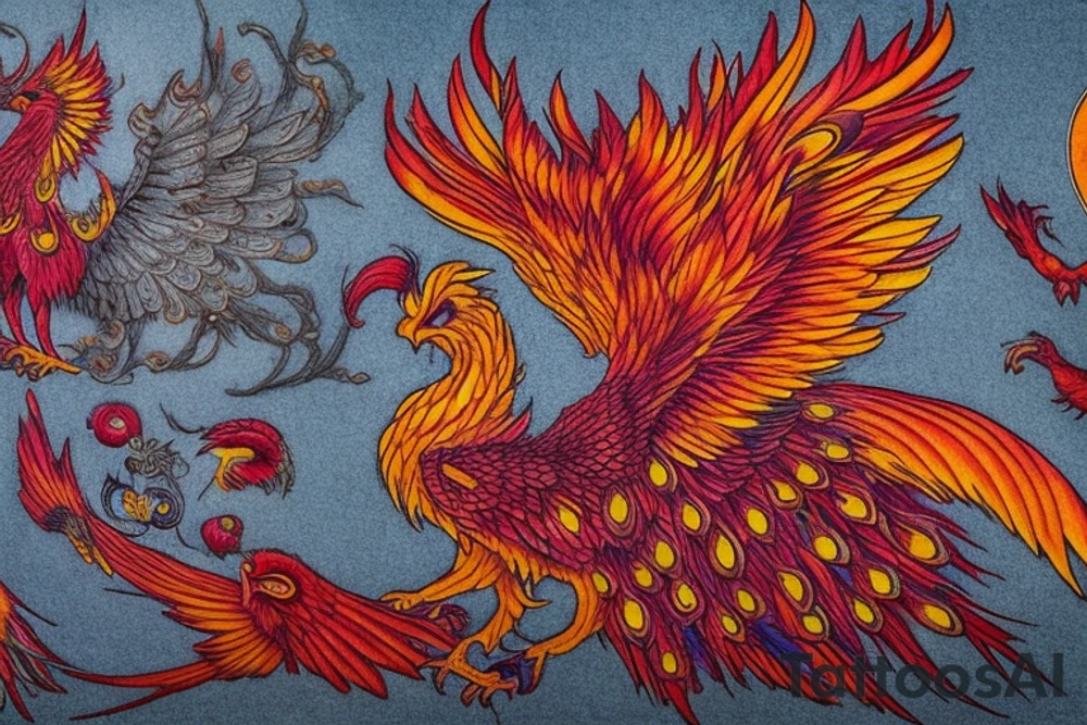 Sun in red frame and big phoenix, view from the neck, with two great wings made of fire and tale of flames and peacock feathers. Forms are aristocratic and elegant with fleaur of Russian tales 
All in shades of red, violet and yellow and contrast inner part of the feathers in green and blue tattoo idea