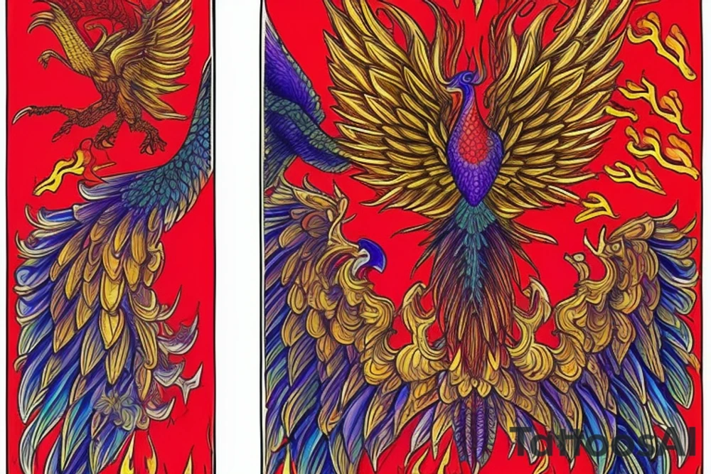 Sun in red frame and big phoenix, view from the neck, with two great wings made of fire and tale of flames and peacock feathers. Forms are aristocratic and elegant with fleaur of Russian tales 
All in shades of red, violet and yellow and contrast inner part of the feathers in green and blue tattoo idea