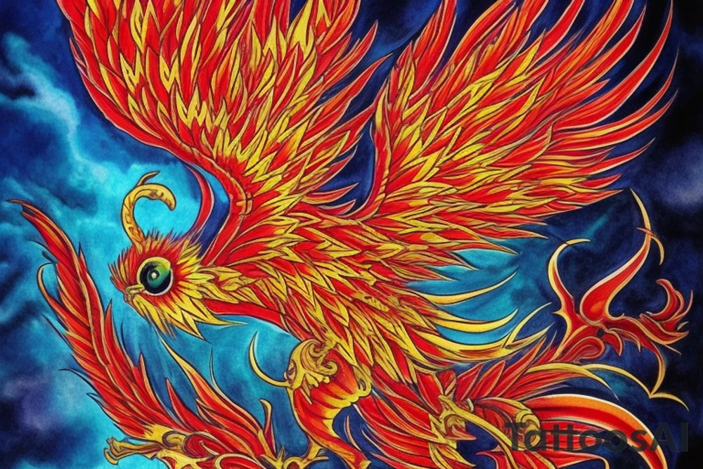 Sun in red frame and big phoenix, view from the neck, with two great wings made of fire and tale of flames and peacock feathers. Forms are aristocratic and elegant with fleaur of Russian tales 
All in shades of red, violet and yellow and contrast inner part of the feathers in green and blue tattoo idea