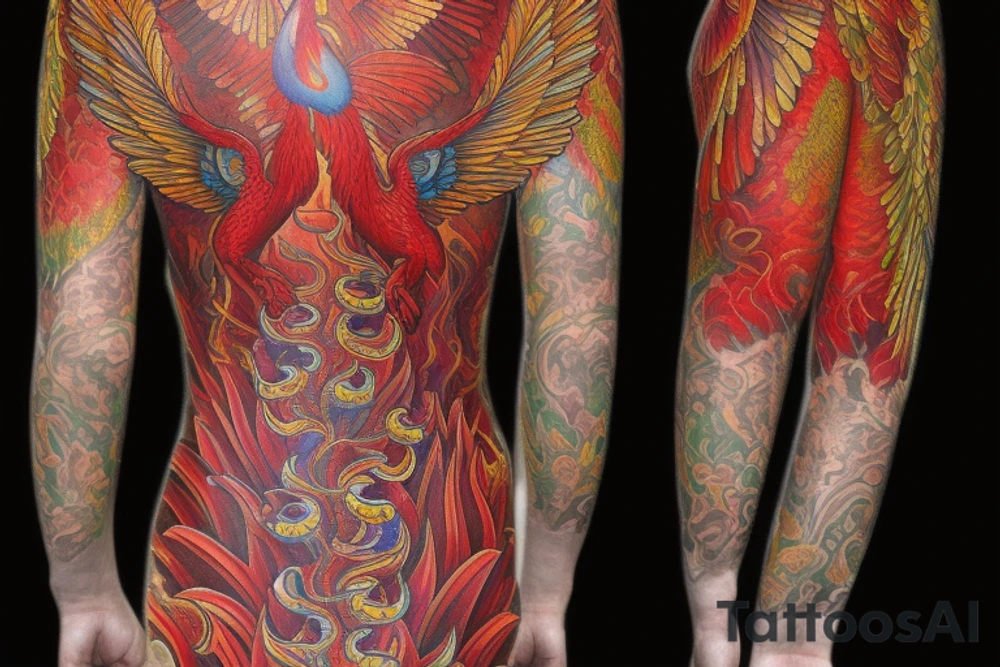 Sun in red frame and big phoenix, view from the neck, with two great wings made of fire and tale of flames and peacock feathers. Forms are aristocratic and elegant with fleaur of Russian tales 
All in shades of red, violet and yellow and contrast inner part of the feathers in green and blue tattoo idea