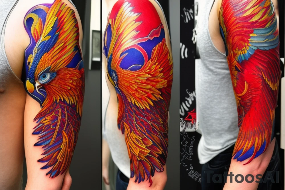 Sun in red frame and big phoenix, view from the neck, with two great wings made of fire and tale of flames and peacock feathers. Forms are aristocratic and elegant with fleaur of Russian tales 
All in shades of red, violet and yellow and contrast inner part of the feathers in green and blue tattoo idea
