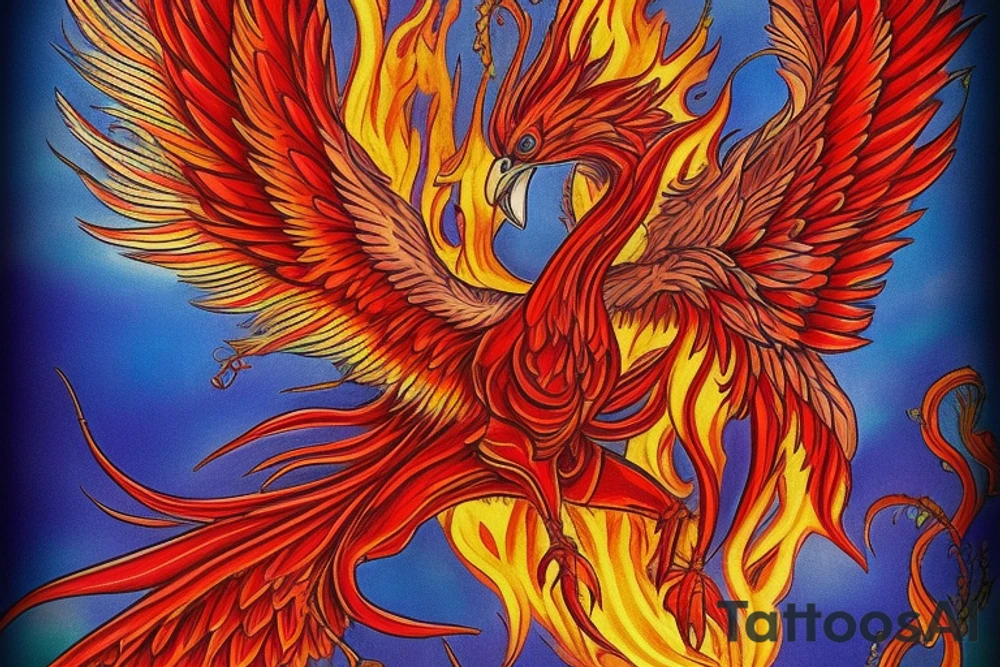 Sun in red frame and big phoenix, view from the neck, with two great wings made of fire and tale of flames and peacock feathers. Forms are aristocratic and elegant with fleaur of Russian tales 
All in shades of red, violet and yellow and contrast inner part of the feathers in green and blue tattoo idea