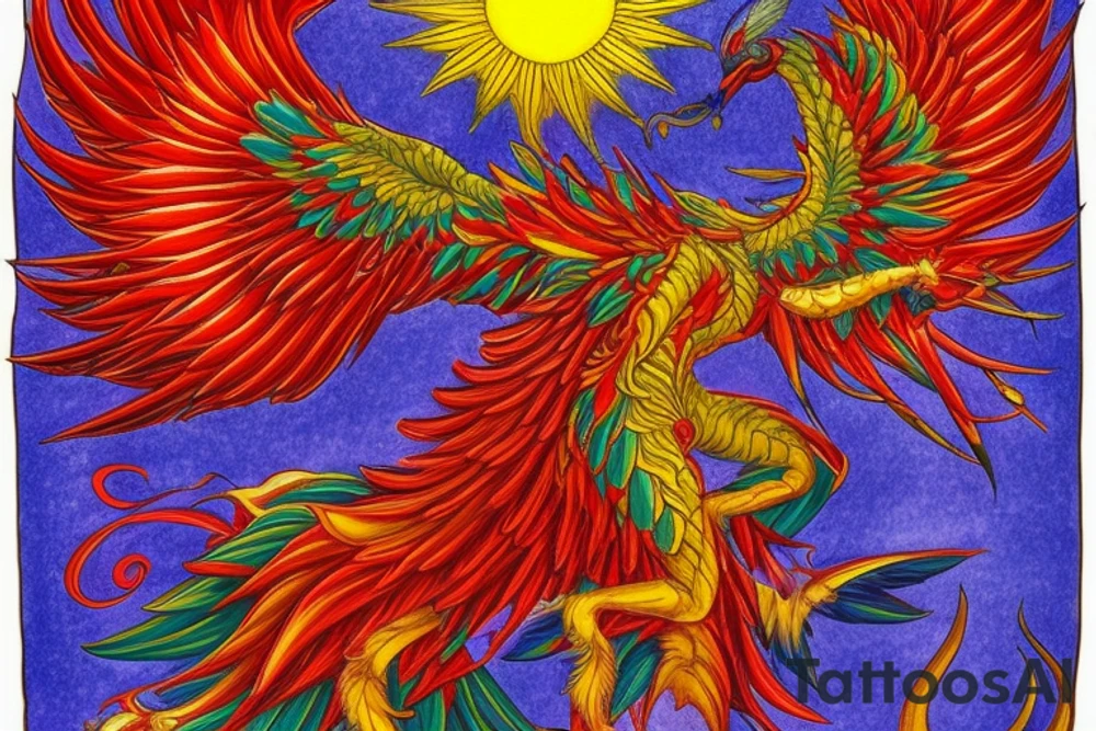 Sun in red frame and big phoenix, view from the neck, with two great wings made of fire and tale of flames and peacock feathers. Forms are aristocratic and elegant with fleaur of Russian tales 
All in shades of red, violet and yellow and contrast inner part of the feathers in green and blue tattoo idea