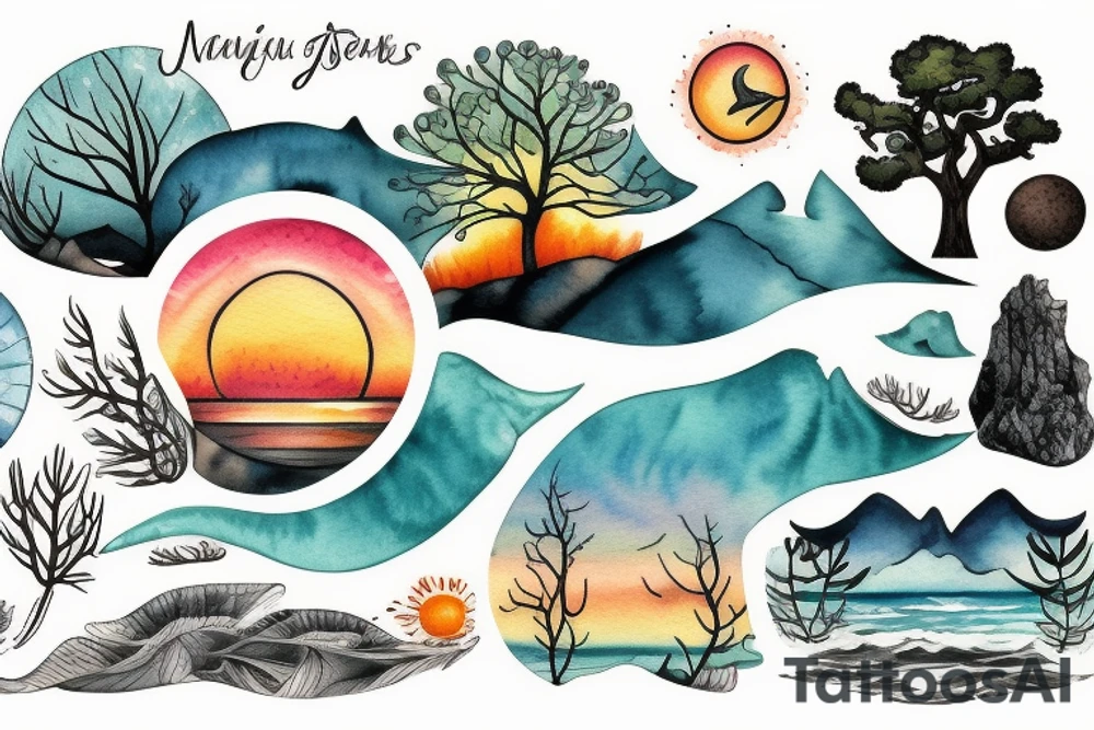 nature, sea, sunset, trees tattoo idea