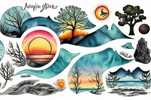 nature, sea, sunset, trees tattoo idea