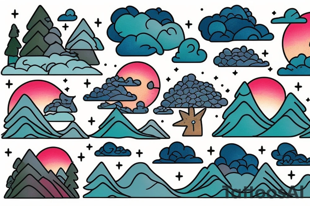 nature, sea, sunset, trees, lake. clouds tattoo idea