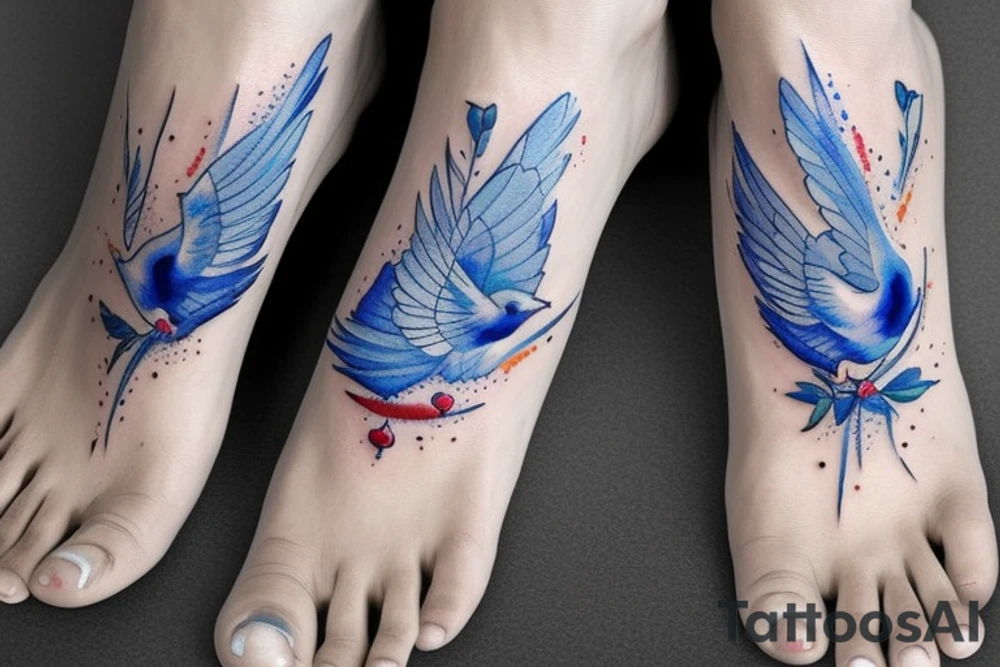 blue swallow with royal delft patterns on foot tattoo idea
