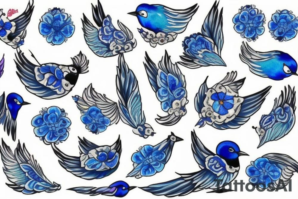 blue swallow with royal delft flower and paisley patterns for a foot tattoo idea