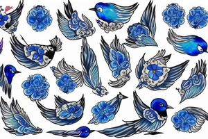 blue swallow with royal delft flower and paisley patterns for a foot tattoo idea