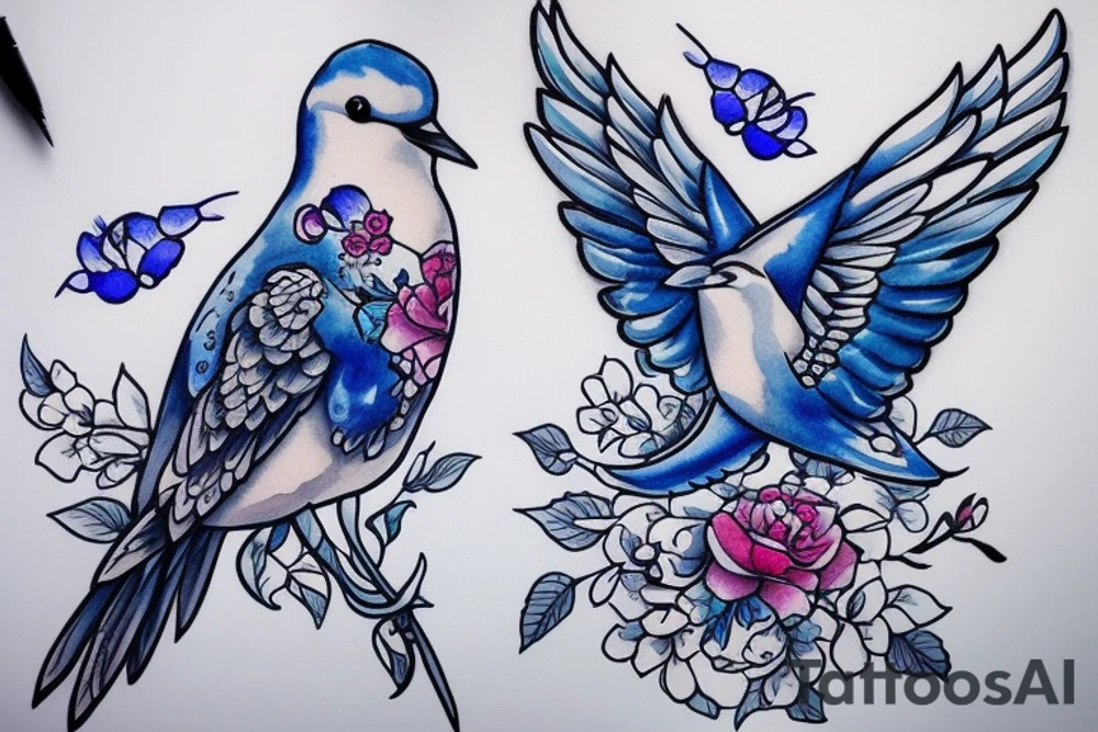 blue swallow with royal delft flower and paisley patterns for a foot tattoo idea