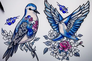 blue swallow with royal delft flower and paisley patterns for a foot tattoo idea